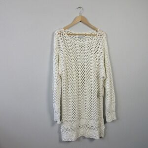 Jessica Roberts Crochet Vtg Y2K Tunic Dress L Ivory Open Knit Beach Boho 568